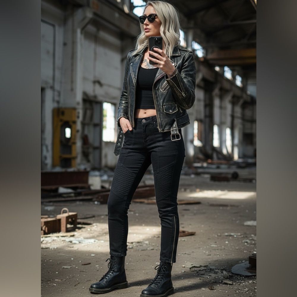 Skingraft Black Moto Skinny Jeans With Quilted Panels And Zipper Details Size 28